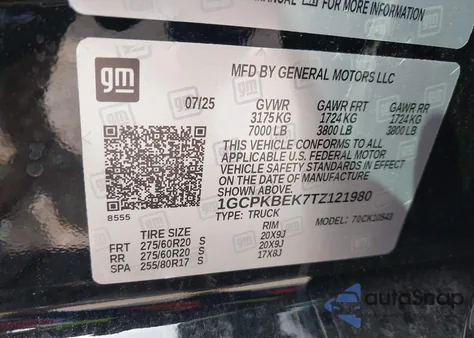 2026 Chevrolet Silverado 1500 4Wd Short Bed Custom z USA, uszkodzony, nr VIN 1GCPKBEK7TZ121980